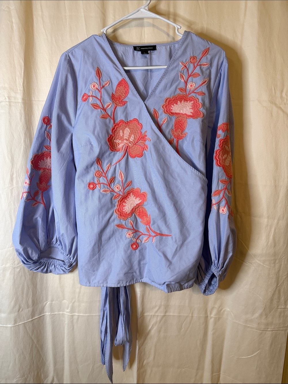 INC International Concepts Light Blue Wrap Blouse with Coral Floral Embroidery